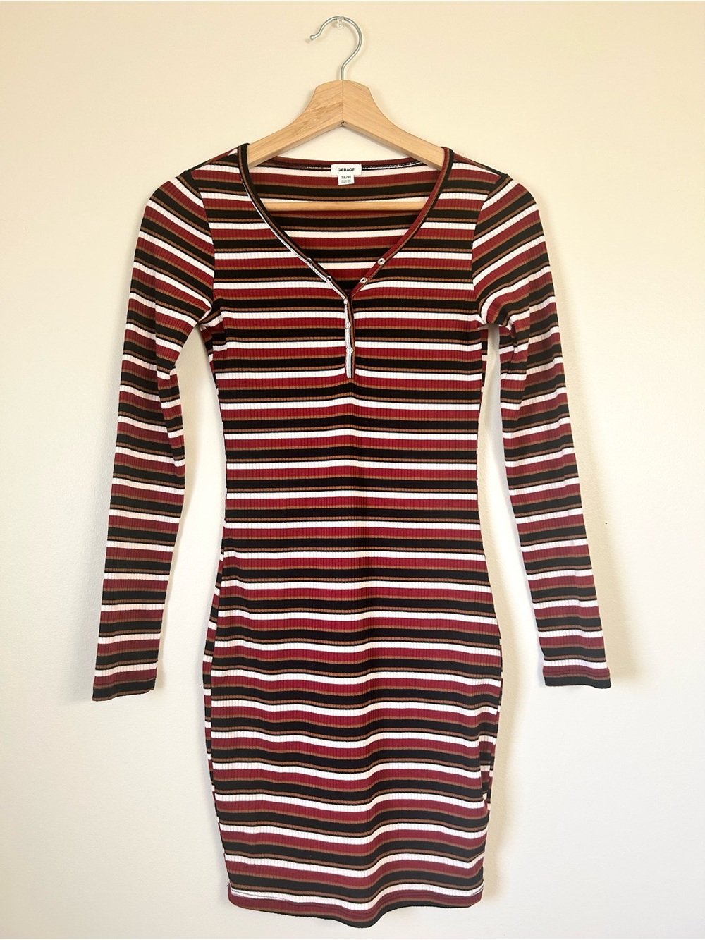 Garage Striped Long Sleeve Henley Mini Dress White/Brown/White/Black | XS